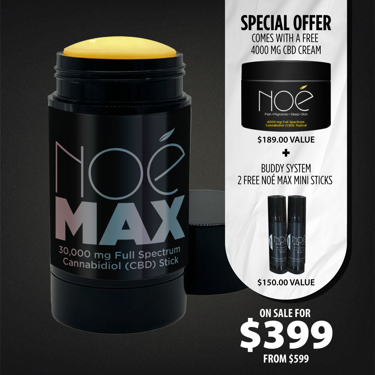 Noé Max 30000 mg CBD stick with a free 4000 mg CBD cream offer - On sale!